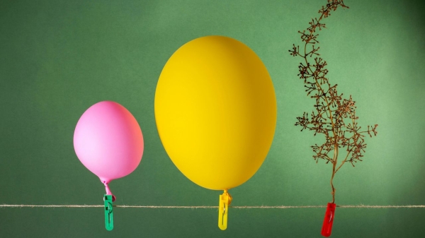 Ілюстрація до статті про джерела кисню на Землі: рожева та жовта повітряні кульки поруч із сухою гілкою як метафора виробництва кисню не лише деревами.